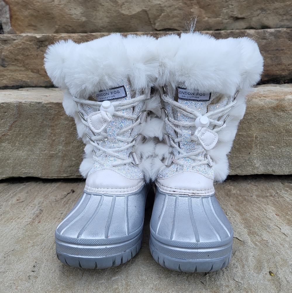 Used London Fog Girl Snow Winter Boots White Glitter Faux Fur Snow Boots Size 3
